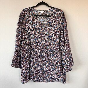J Jill Womens Floral Print V Neck Long Sleeve Tunic Top Plus Size 2X
